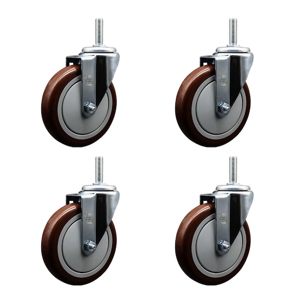 5 Inch Maroon Polyurethane Wheel Swivel 58 Inch Threaded Stem Caster Set Service Caster
